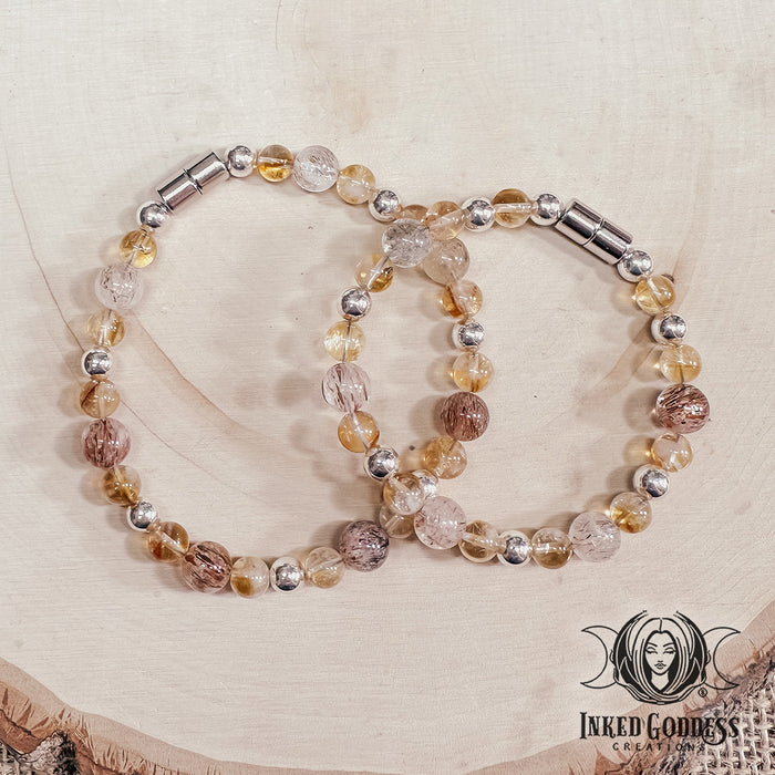 Red Rutile Quartz and Citrine Sterling Silver Magnetic Bracelet - Handmade by Colin