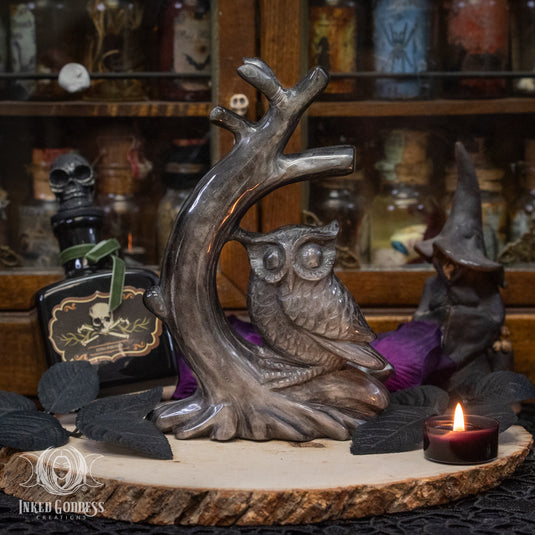 Sheen Obsidian Owl on Tree for Spiritual Protection