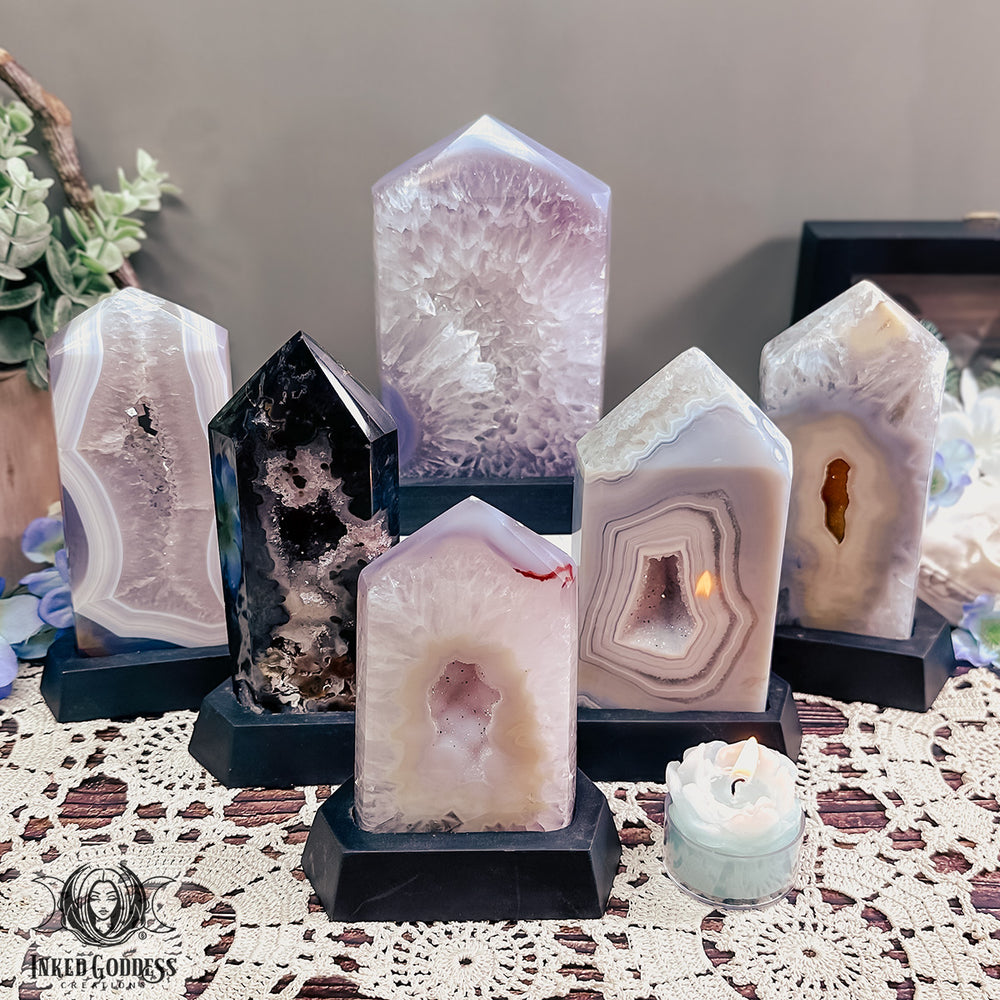 Agate Druzy Portal on Wooden Stand for Otherworldly Travel- Inked Goddess Creations