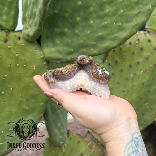 Agate Snake on Quartz Cluster for Transmuting Energy
