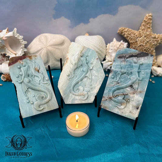 Amazonite Mermaid Tile with Metal Stand for Ocean Magick
