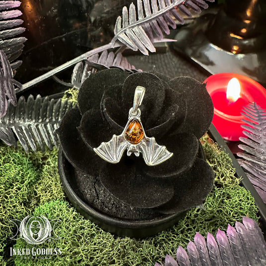 Amber Bat Sterling Silver Pendant for Vampy Style