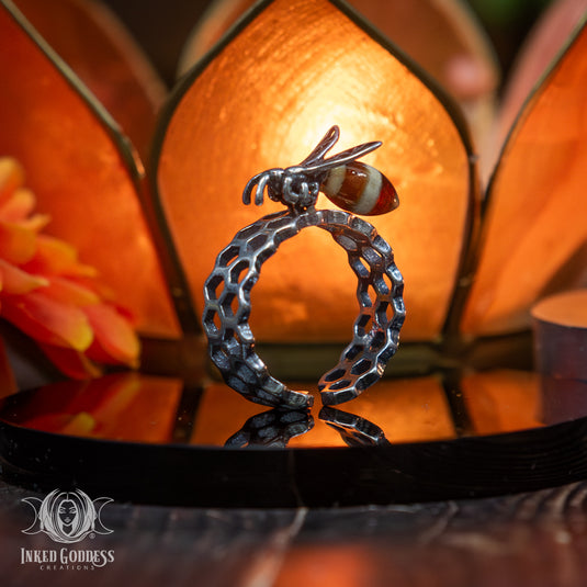 Amber Bumblebee Sterling Silver Adjustable Ring for Prosperity