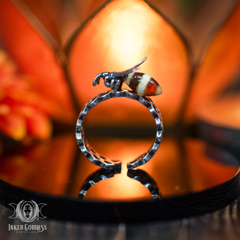 Load image into Gallery viewer, Amber Bumblebee Sterling Silver Adjustable Ring for Prosperity
