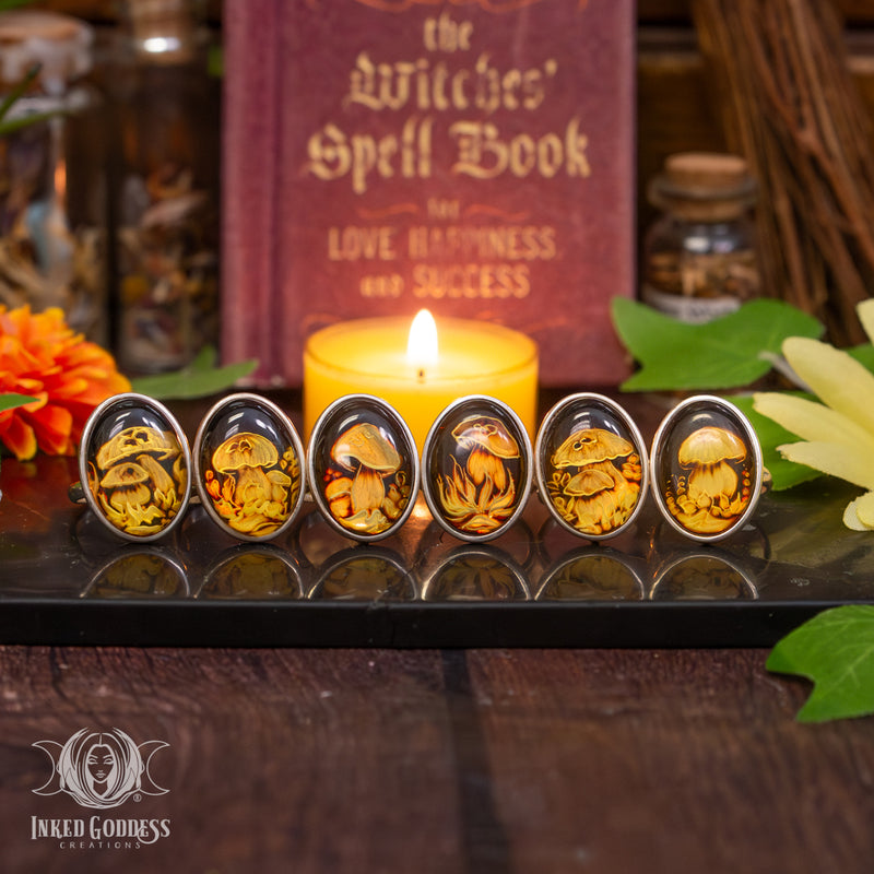 Load image into Gallery viewer, Amber Carved Poison Mushroom Sterling Silver Adjustable Ring for Fairy Magick
