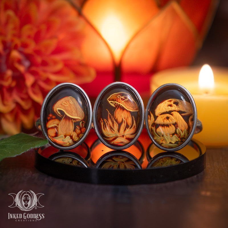 Load image into Gallery viewer, Amber Carved Poison Mushroom Sterling Silver Adjustable Ring for Fairy Magick
