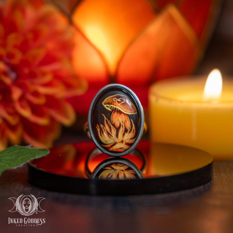 Load image into Gallery viewer, Amber Carved Poison Mushroom Sterling Silver Adjustable Ring for Fairy Magick
