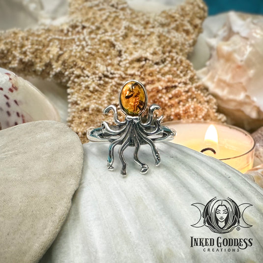Octopus Amber Sterling Silver Adjustable Ring for Psychic Intuition
