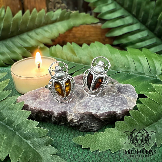 Amber Scarab Sterling Silver Adjustable Ring for Manifestation Magick