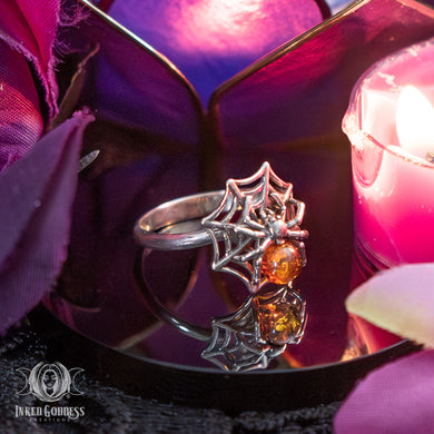Amber Spider with Web Sterling Silver Adjustable Ring for Protection