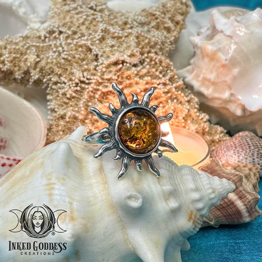 Amber Sun Sterling Silver Adjustable Ring for Artistic Witches