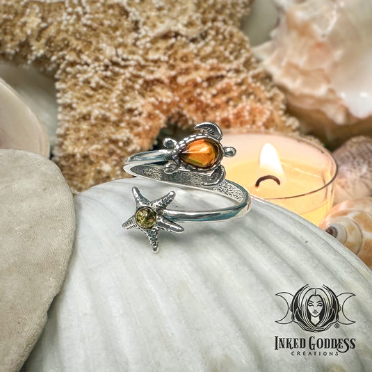 Turtle and Starfish Amber Sterling Silver Adjustable Ring for Elemental Balance
