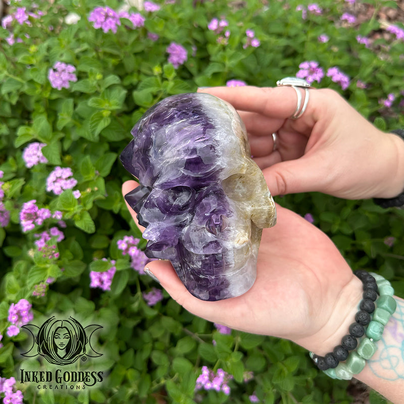 Load image into Gallery viewer, Amethyst &amp; Quartz Cluster Skull for Powerful AF Energy Drawing
