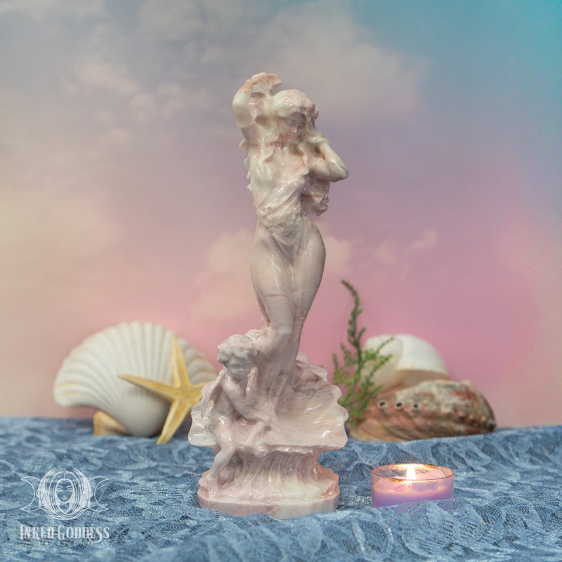 Load image into Gallery viewer, Aphrodite Gemstone Altar Set- Large Pink Opal Statue &amp; Rose Quartz Shell Offering Dish
