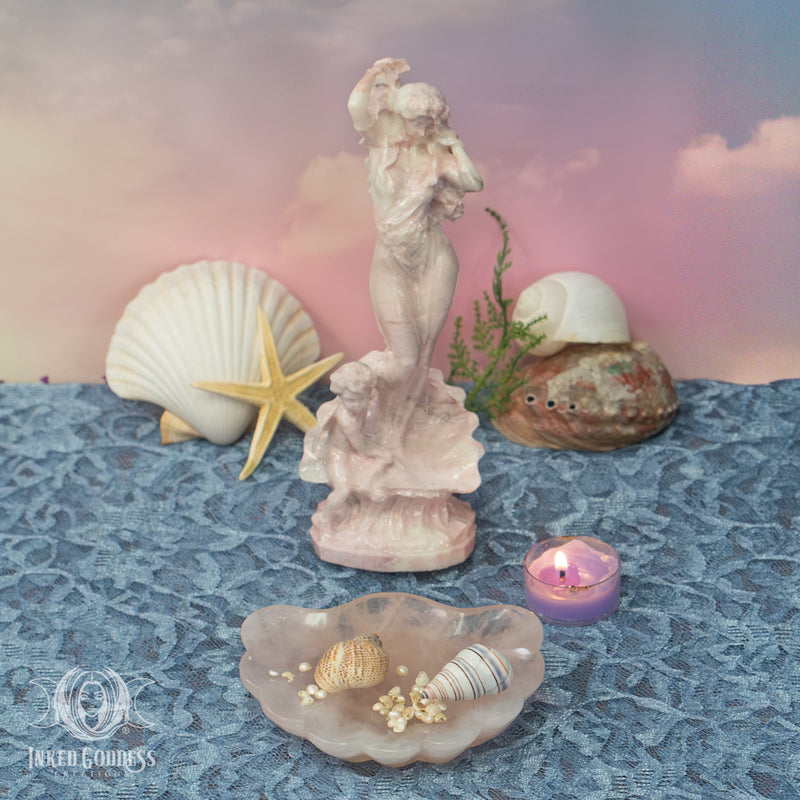 Load image into Gallery viewer, Aphrodite Gemstone Altar Set- Large Pink Opal Statue &amp; Rose Quartz Shell Offering Dish
