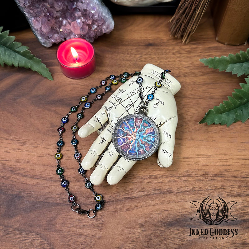 Load image into Gallery viewer, Astrological Coin with Evil Eye Necklace - Handmade by Morgan
