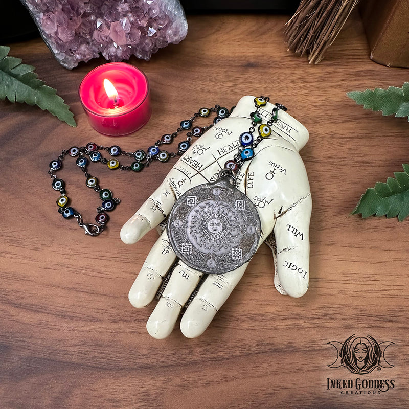 Load image into Gallery viewer, Astrological Coin with Evil Eye Necklace - Handmade by Morgan
