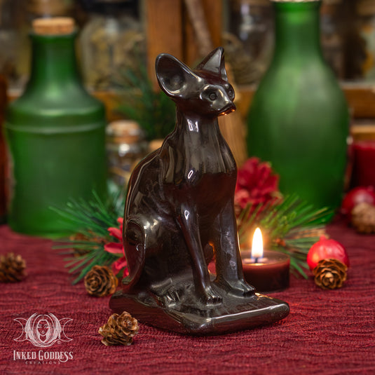 Bast Cat Obsidian Statue for Protection and Healing