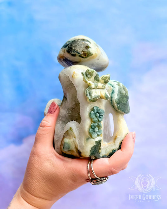 Moss Agate Geode Mushroom