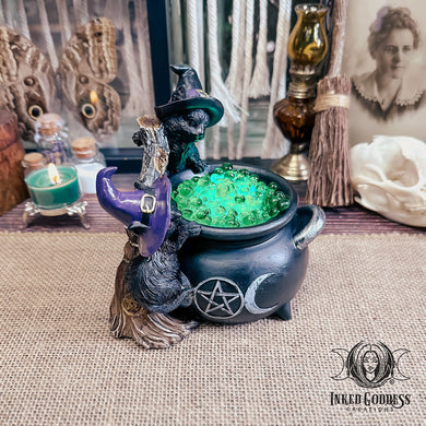 Black Cat with Cauldron LED Light for Playful Protection