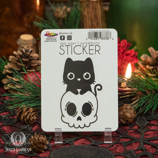 Black Cat on Skull Sticker for Cute Goth Vibes