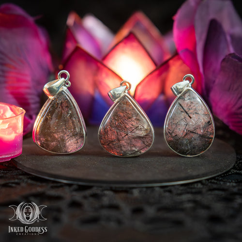 Black Rutilated Quartz Teardrop Sterling Silver Necklace for Protection