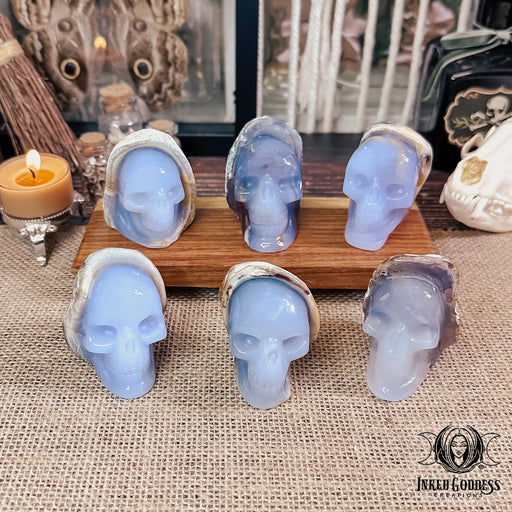 Blue Chalcedony Skull Carving for Peace & Harmony