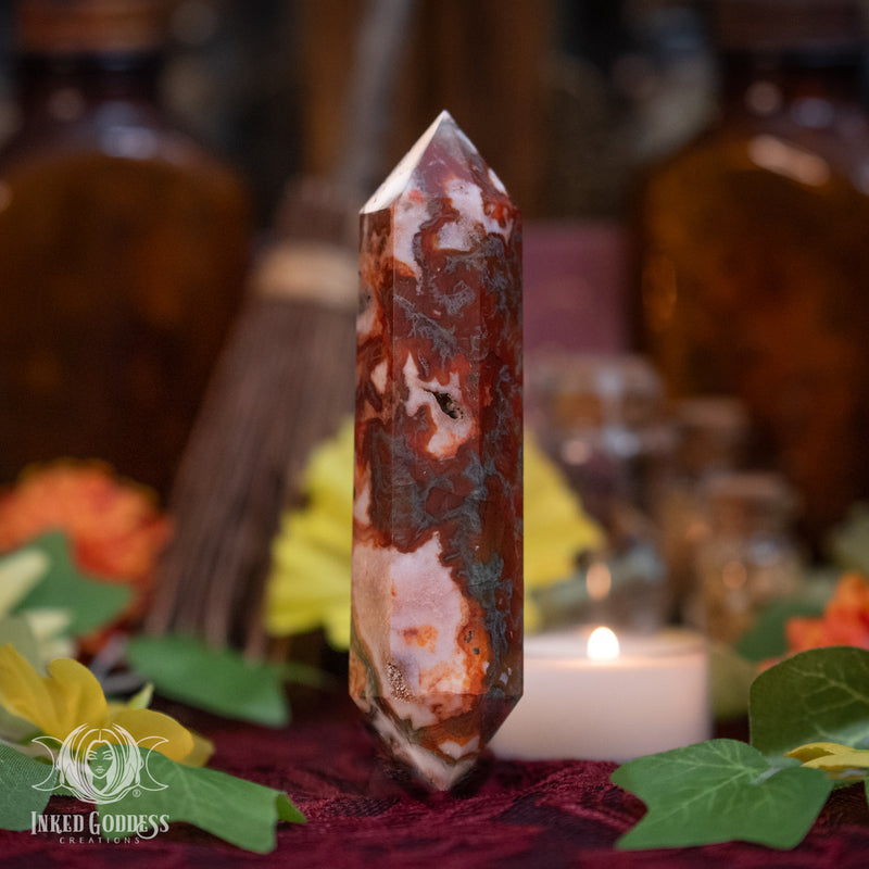 Load image into Gallery viewer, Carnelian and Moss Agate Double Terminated Point for Confident Self-Love
