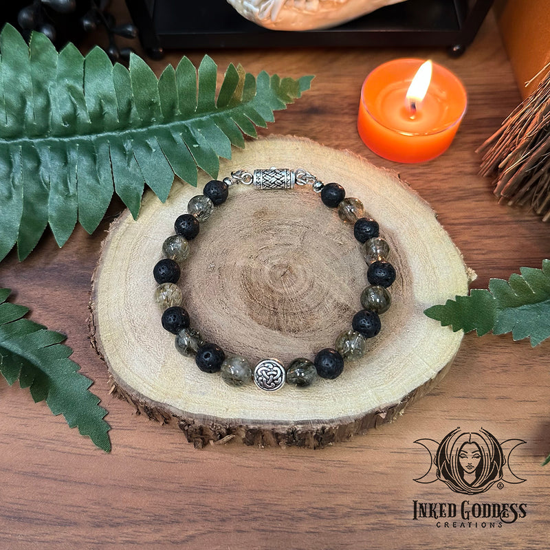 Load image into Gallery viewer, Celtic Knot, Green Rutilated Quartz &amp; Lava Stone Bracelet - Handmade by Colin, One of a Kind
