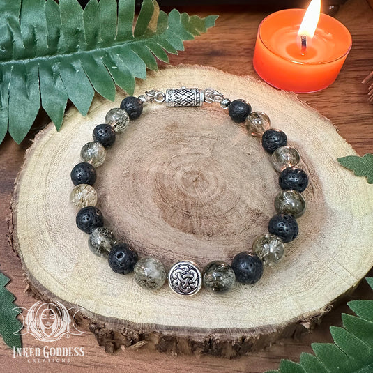 Celtic Knot, Green Rutilated Quartz & Lava Stone Bracelet - Handmade by Colin, One of a Kind