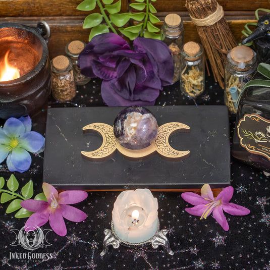 Celtic Triple Moon Wood Sphere Holder for Nature Magick