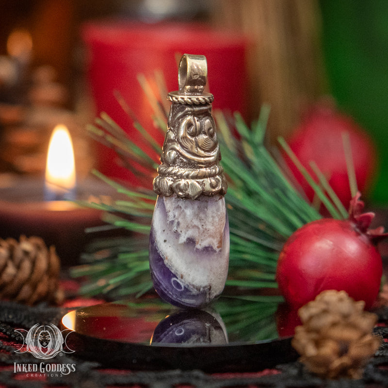 Load image into Gallery viewer, Chevron Amethyst Teardrop Tibetan Necklace for Higher Self Connection
