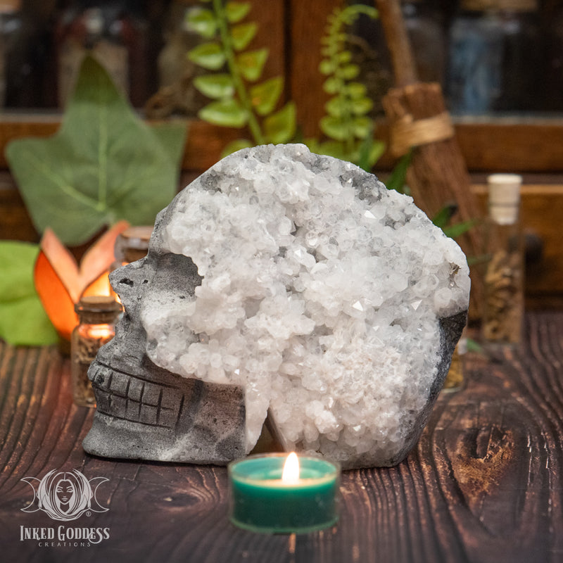 Load image into Gallery viewer, Chrysanthemum Quartz Skull for Ancestral Healing
