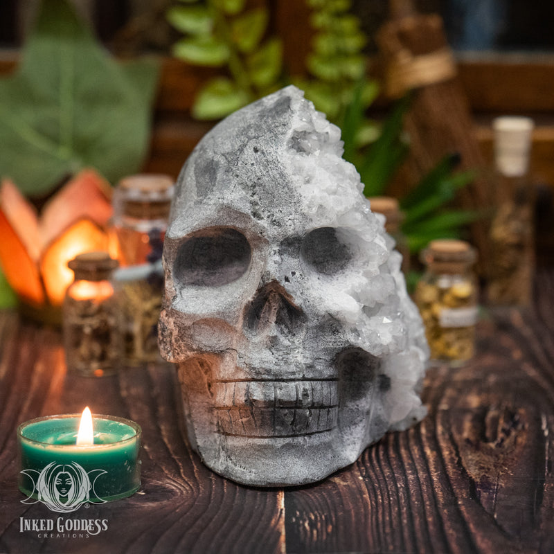 Load image into Gallery viewer, Chrysanthemum Quartz Skull for Ancestral Healing
