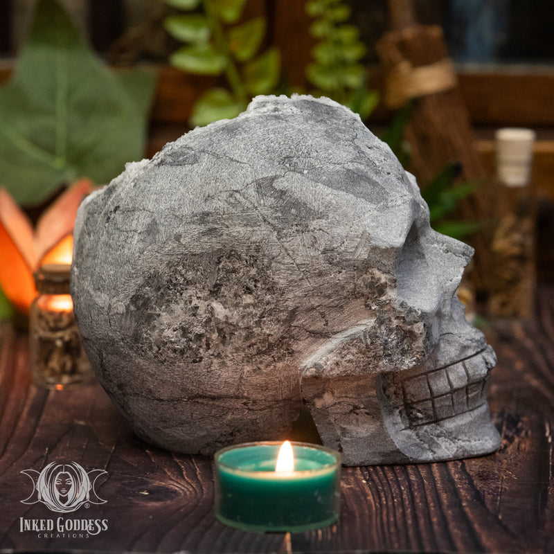 Load image into Gallery viewer, Chrysanthemum Quartz Skull for Ancestral Healing
