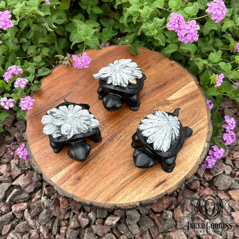 Load image into Gallery viewer, Chrysanthemum Stone Carved Turtle for Blooming Abundance
