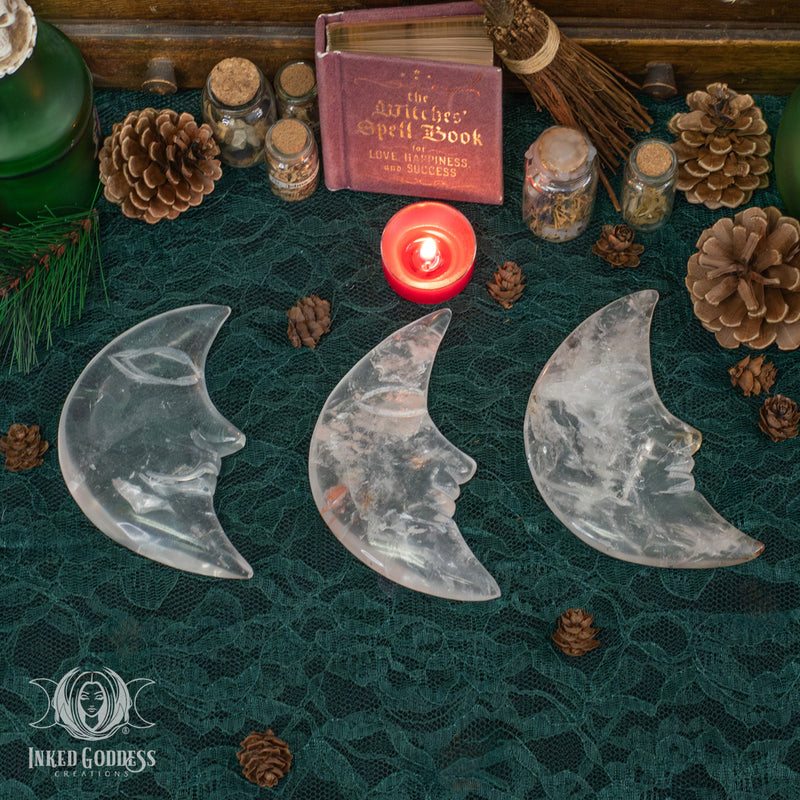 Load image into Gallery viewer, Clear Quartz Crescent Moon with Inclusions with Stand for Powerful Healing
