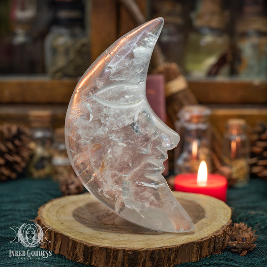 Clear Quartz Crescent Moon with Inclusions with Stand for Powerful Healing