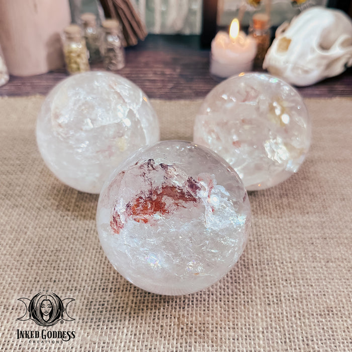 Clear Quartz Sphere with Flame Inclusions for Warmth