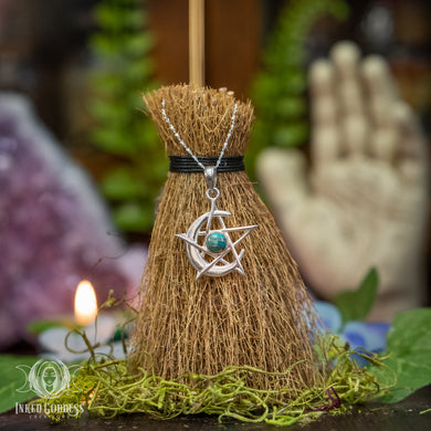 Copper Turquoise Pentacle with Moon Sterling Silver Necklace for Elevated Energy