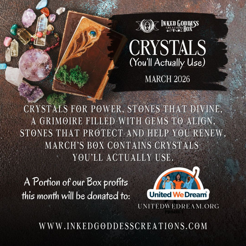 Load image into Gallery viewer, Promotional image for a 'Crystals You'll Actually Use' box by Inked Goddess Creations with crystals and a grimoire on a dark background.

