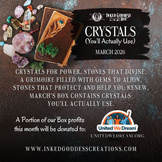 Promotional image for a 'Crystals You'll Actually Use' box by Inked Goddess Creations with crystals and a grimoire on a dark background.