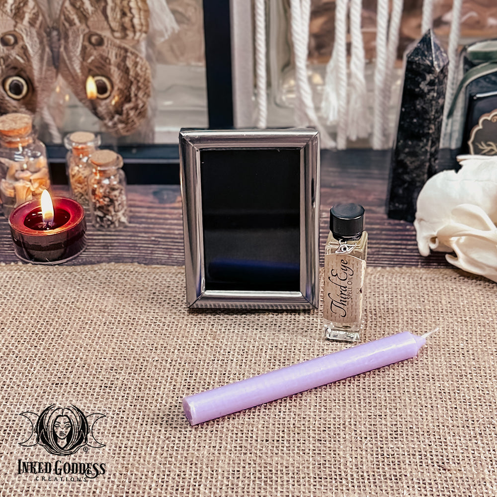 Mini Handmade Scrying Mirror Kit- Mirror, Oil, & Candle, exclusive to Inked Goddess Creations