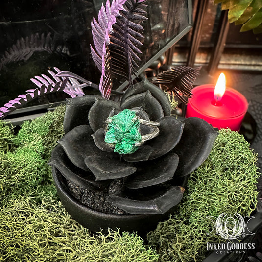Fibrous Malachite Sterling Silver Ring for Witchy Energy Shielding
