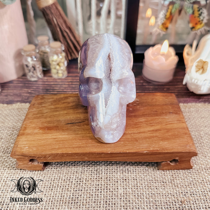 Flower Agate Geode Carved Skull for Self-Growth