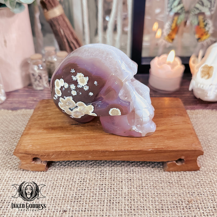 Flower Agate Geode Carved Skull for Self-Growth