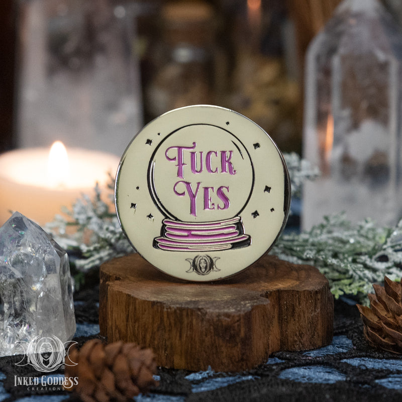 Load image into Gallery viewer, Fuck Yes/ Hell No Divination Silver Coin for Magickal Decision Making
