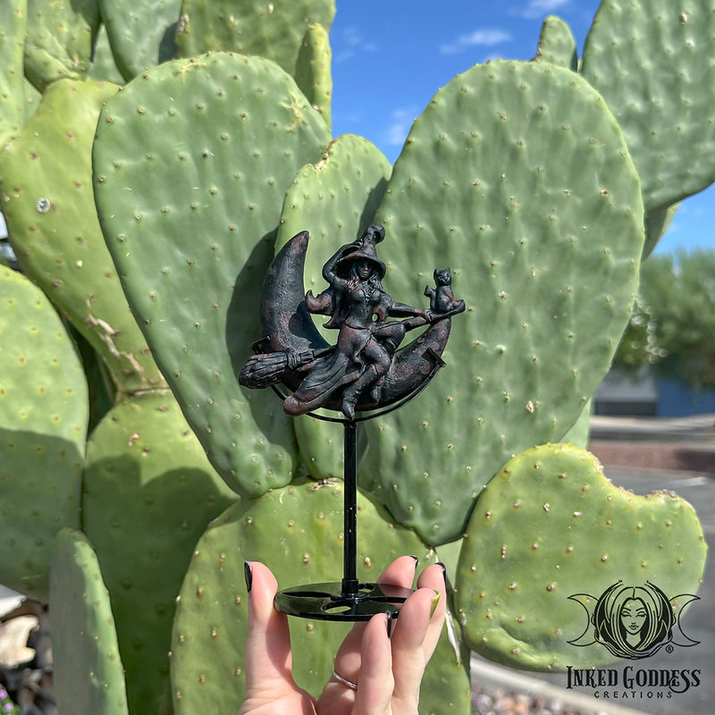 Load image into Gallery viewer, Garnet Crescent Moon Witch on Broom with Stand for Protective Magick
