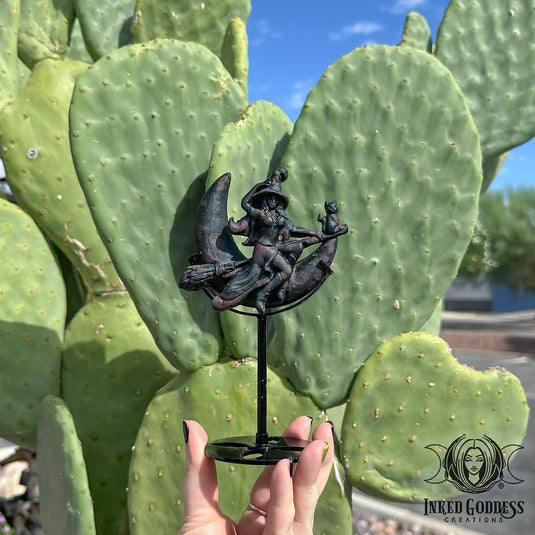 Garnet Crescent Moon Witch on Broom with Stand for Protective Magick
