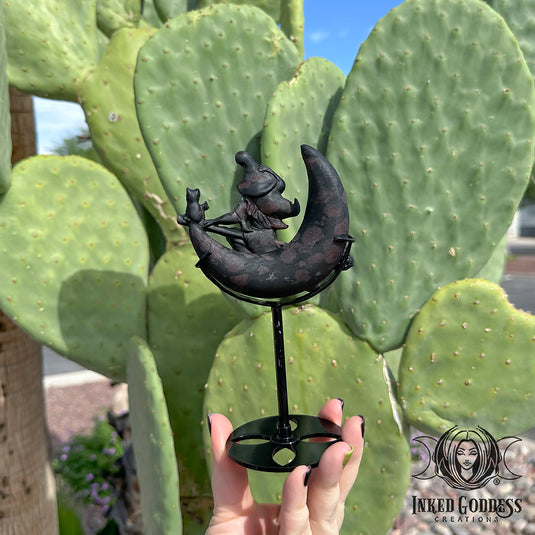 Garnet Crescent Moon Witch on Broom with Stand for Protective Magick